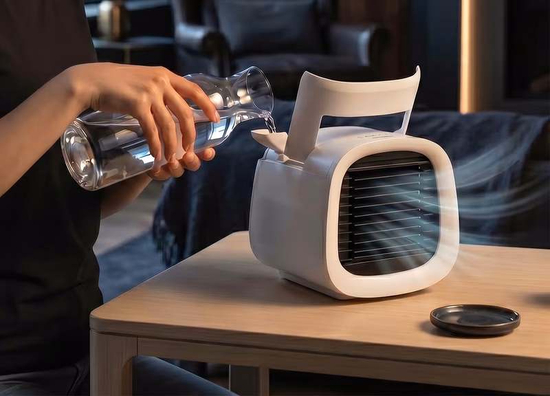A detailed close-up of the stylish evaCHILL device, the ultimate portable solution for home and office cooling.