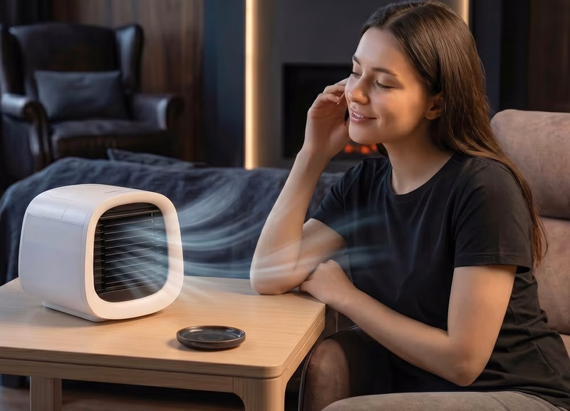 The evaCHILL portable evaporative cooler blowing a refreshing breeze to solve home and office cooling issues.